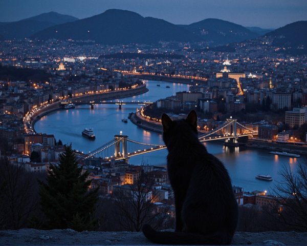 Black Cat Overlooking Vibrant Cityscape at Dusk