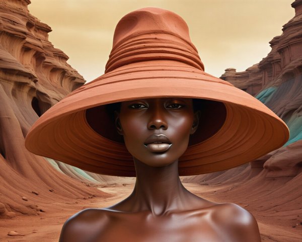 Portrait of a model in terracotta hat against canyon backdrop