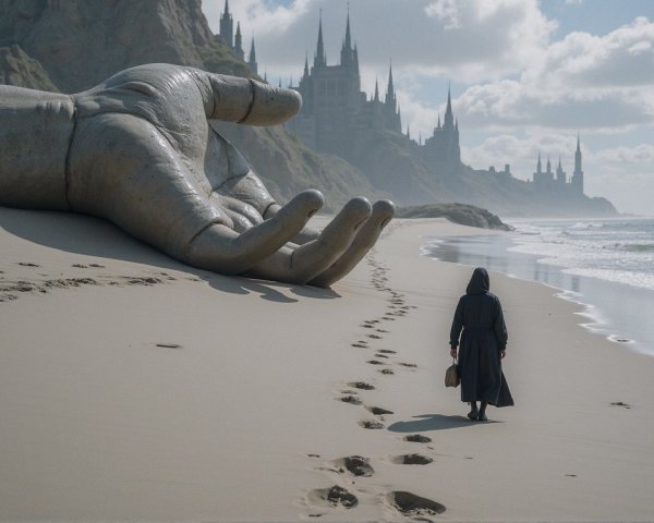 Lonely Figure on Beach with Metallic Hand and Castles