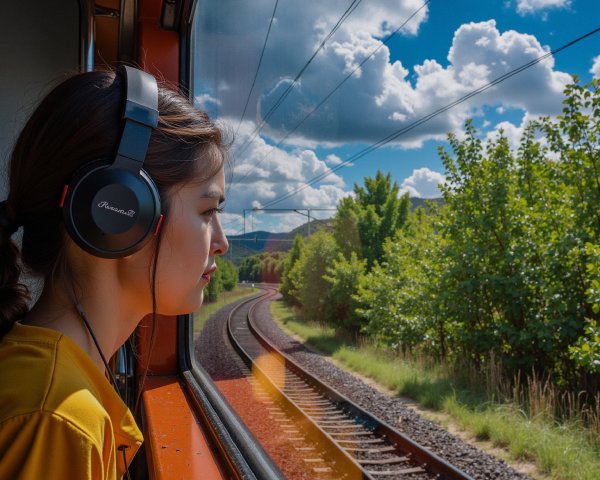 Young woman in headphones gazing from train window