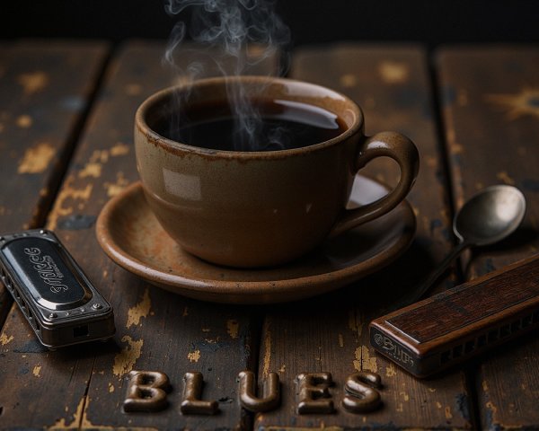 Rustic Table with Coffee and Blues Theme Decor