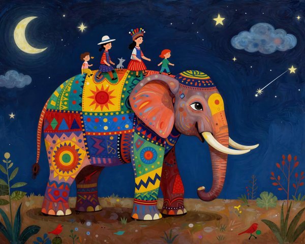 Colorful Painting of Elephant with Children and Dog