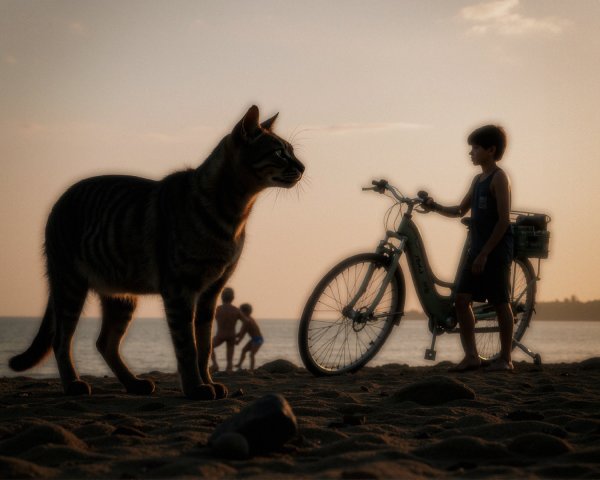 Serene Beach Scene at Sunset with Children and Cat