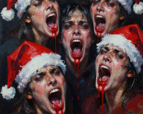 Theatrical Oil Painting of Women in Red Santa Hats