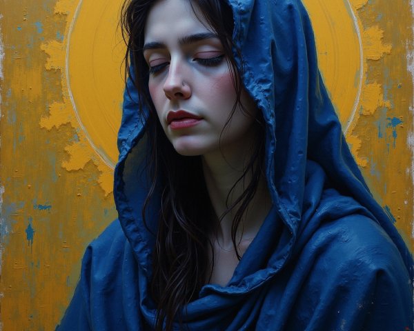 Serene young woman in blue hood with golden halo