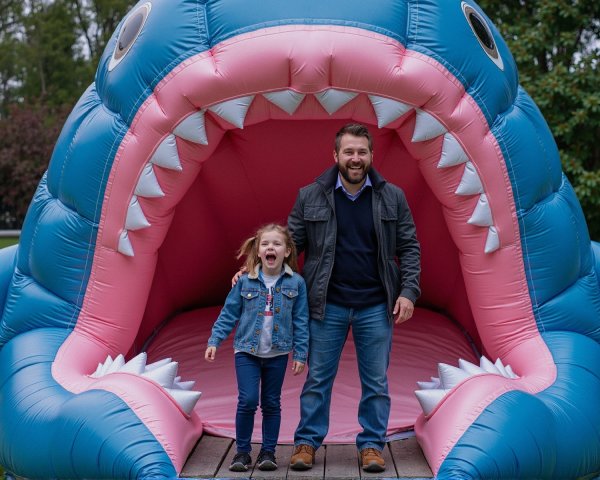 Joyful Scene of Man and Girl in Inflatable Shark's Mouth