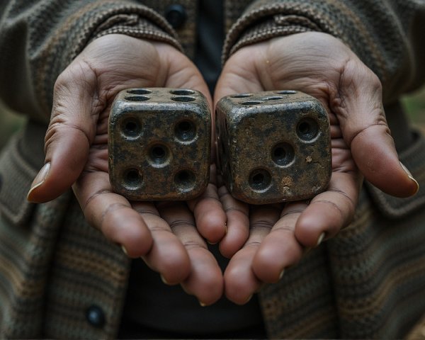 Weathered Dice Held in Open Hands with Blurred Background
