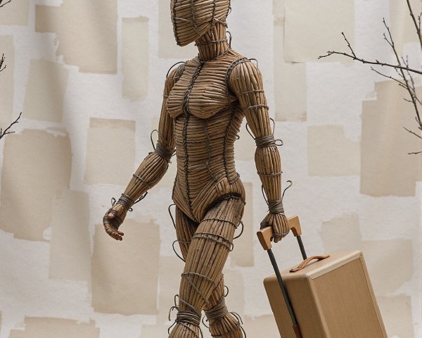 Stylized Wooden Mannequin with Suitcase on Textured Surface