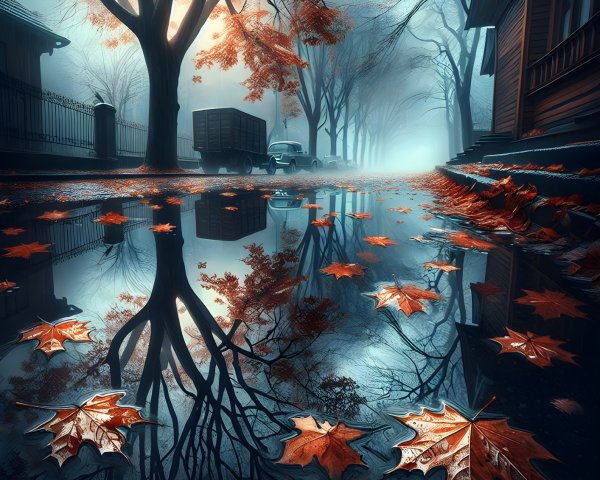Autumn Scene with Leaves and Reflective Puddle