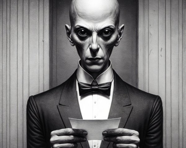 Mysterious Figure in Tuxedo Against Textured Background