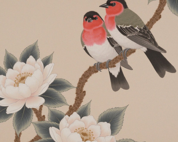 Colorful Birds on a Branch with Delicate Flowers