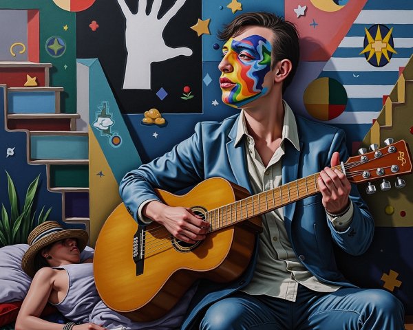 Colorful Face Paint and Guitar in Abstract Setting