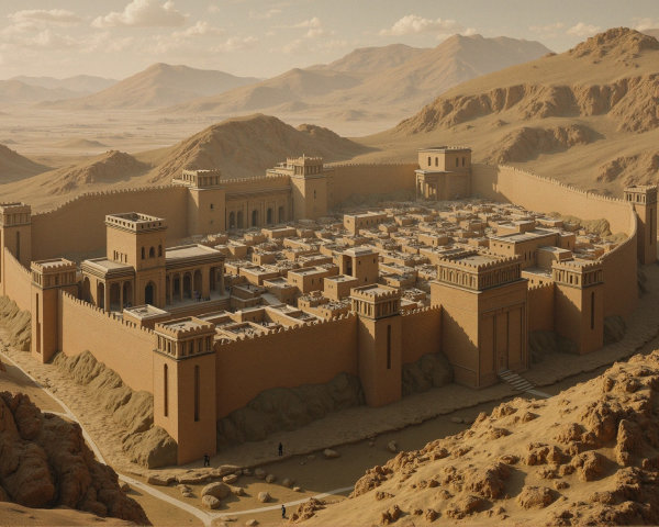 Ancient Fortress Surrounded by Arid Mountains and Village
