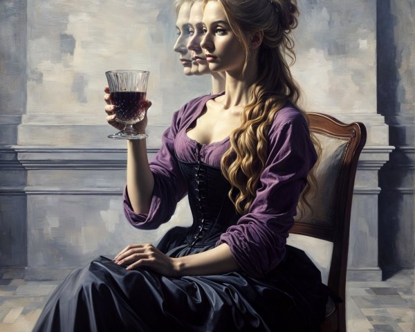 Profile of a Woman in Purple Blouse with Red Drink