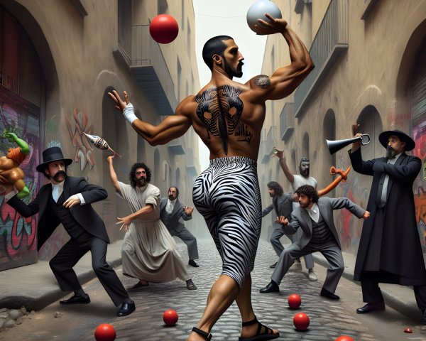 Muscular Juggler Performs in Colorful Graffiti Alley