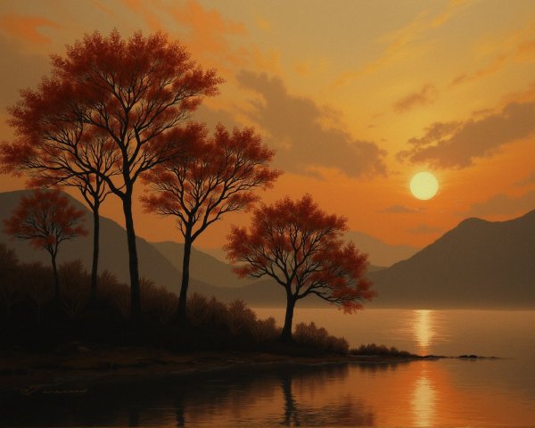 Tranquil River at Sunset with Autumn Foliage