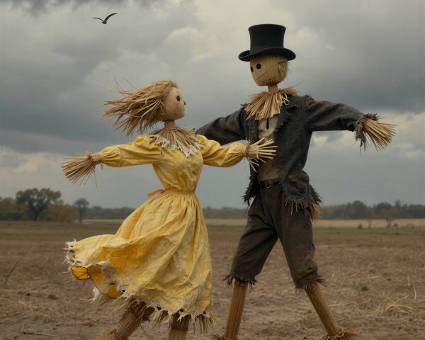 Straw Scarecrows in an Open Field Under Cloudy Sky