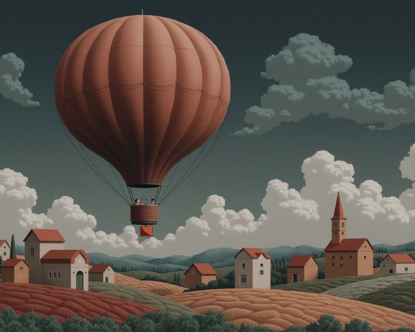 Red Hot Air Balloon Over Picturesque Countryside Scene
