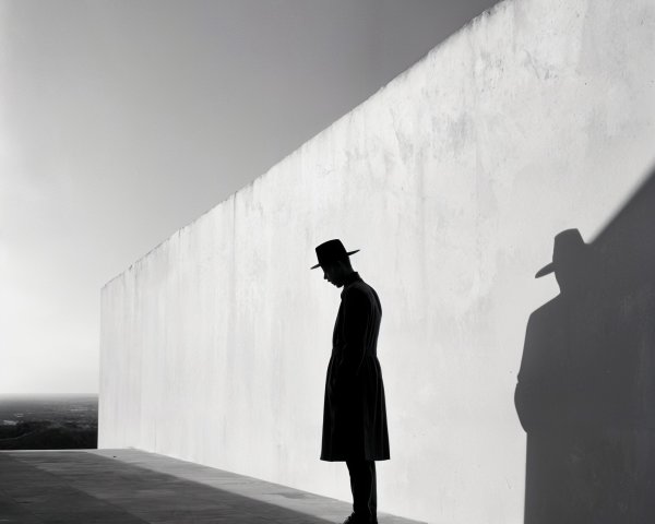 Solitary Figure in Shadows Against White Wall
