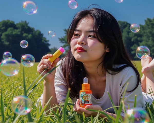 Young woman in grassy field with bubbles and wand
