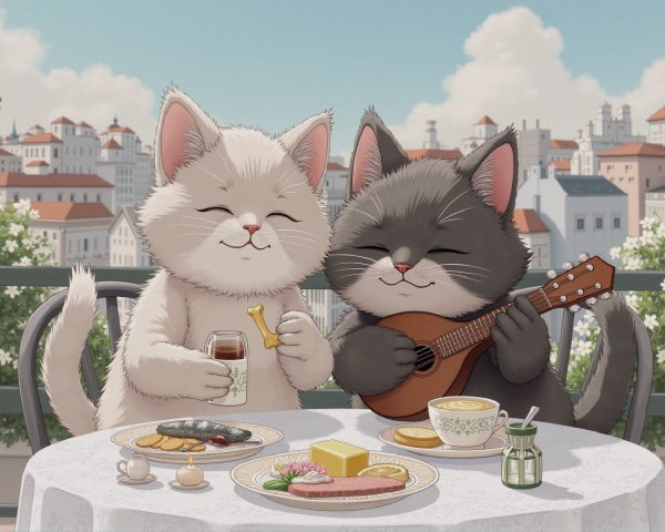 Cartoon Cats Enjoying Food on a Sunlit Balcony