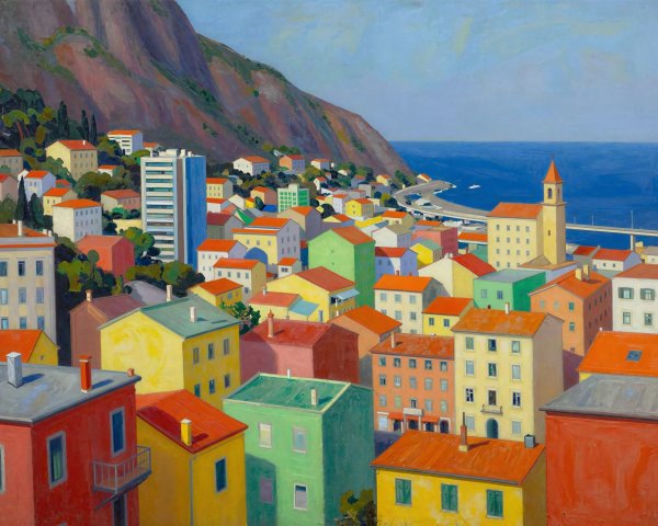 Coastal Town Oil Painting with Colorful Buildings