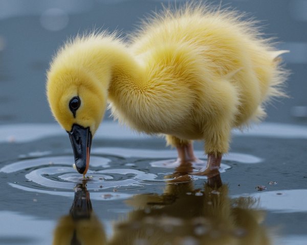 Fluffy Yellow Duckling by Calm Water Reflection