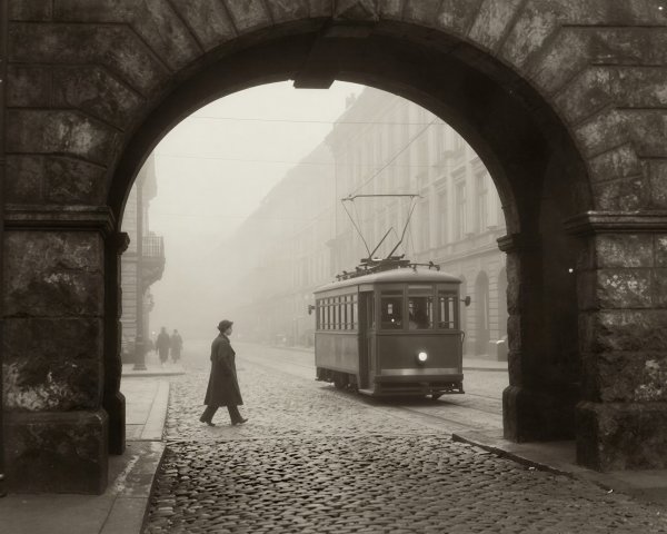 Foggy Street Scene Through Stone Archway in Black and White