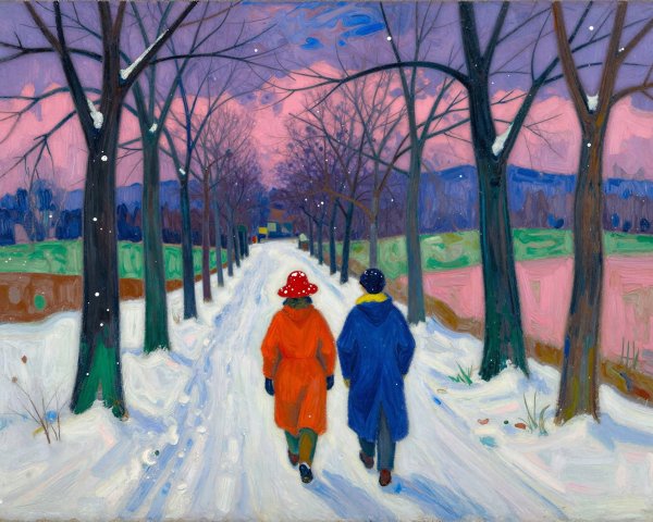 Figures in Colorful Coats on Snowy Road Landscape