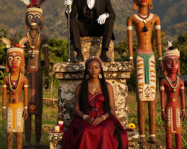 African American woman in red gown on stone altar