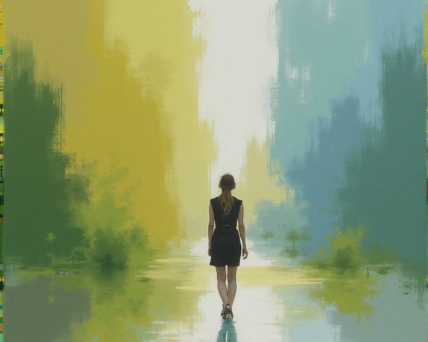 Solitary Figure on a Tranquil Reflective Pathway