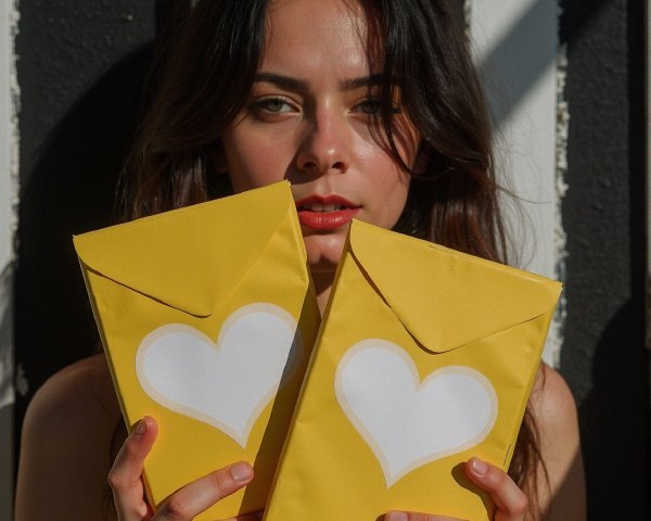Young Woman with Heart Envelopes in Sunlit Setting