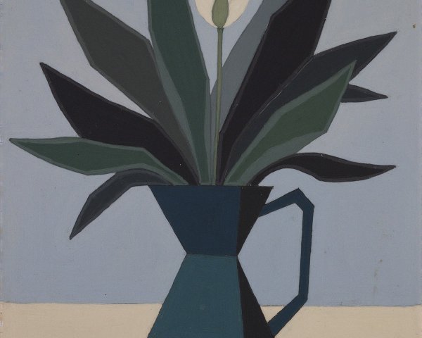 Minimalist Still Life with Blue Pitcher and Plant