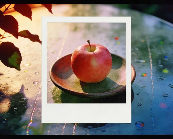 Red Apple on Green Bowl with Water Droplets