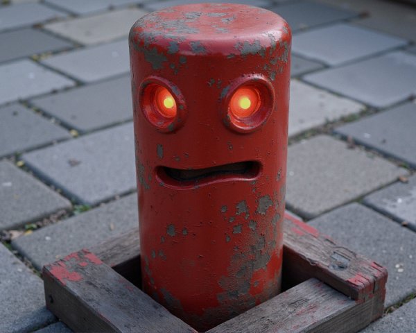 Cylindrical red object with glowing eyes in wooden frame