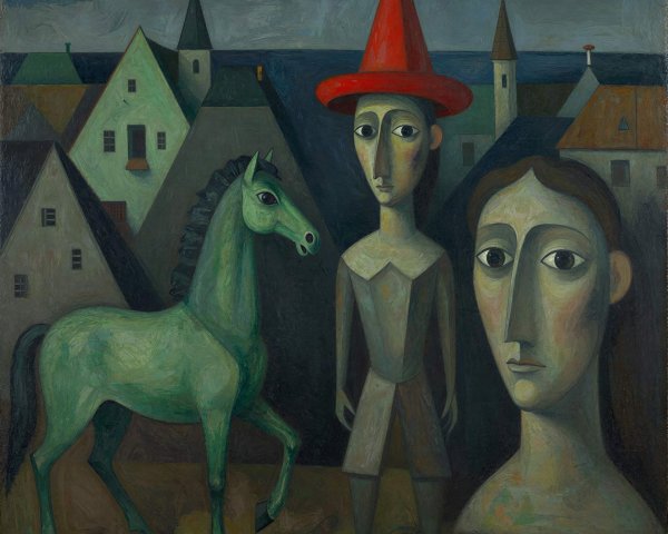 Surrealist Oil Painting of Boy, Horse, and Village Scene