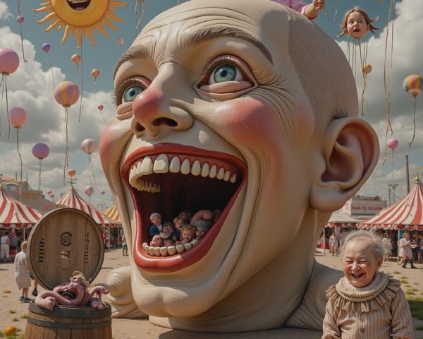 Surreal Carnival Scene with Clown Head and Balloons