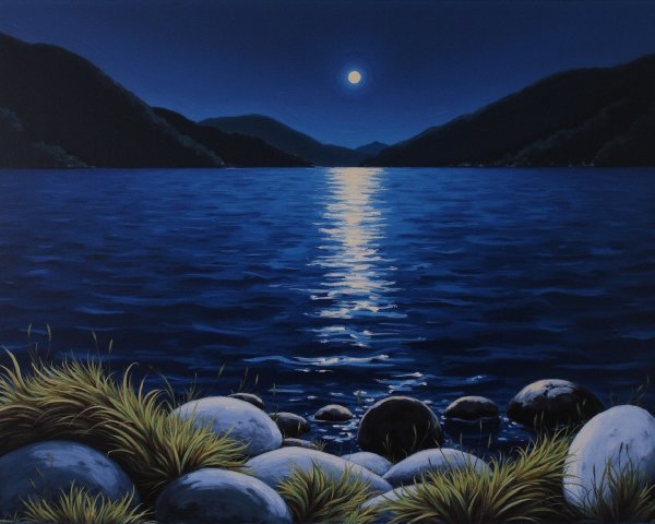 Serene Night Scene by a Tranquil Lake with Moonlight