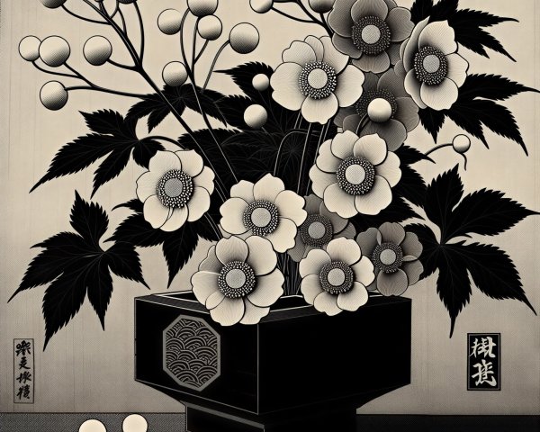 Stylized Flower Arrangement in Bold Black and White