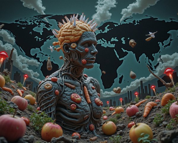 Surreal Landscape with Humanoid Statue and Dark Map