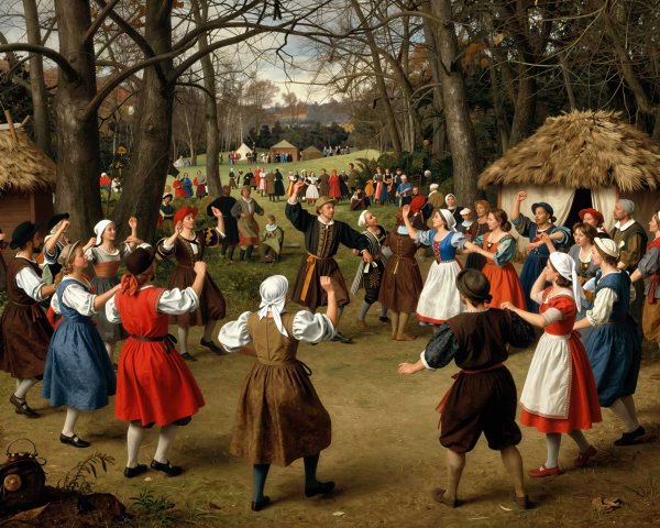 Period Costumed Dancers in Village Scene with Huts