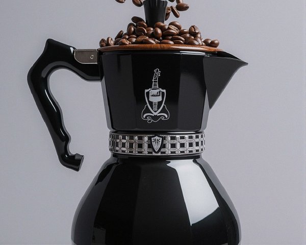 Elegant Black Moka Pot with Coffee Beans Display