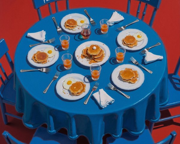 Round Blue Dining Table with Chairs on Red Background