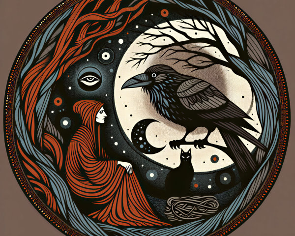 Mystical Scene with Hooded Figure Under Full Moon