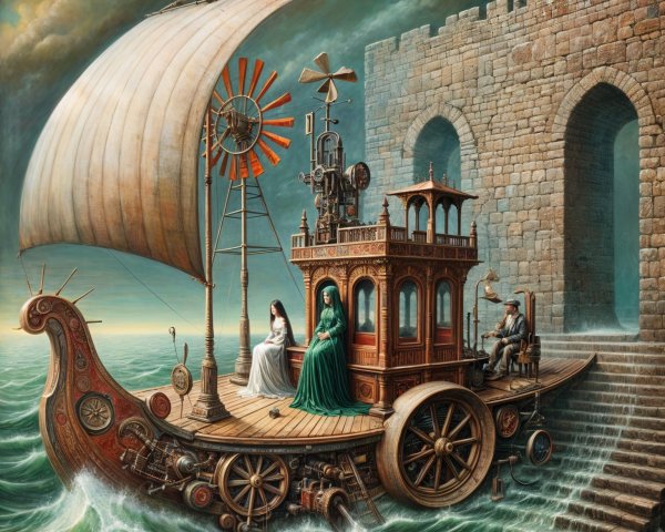 Steampunk Vessel with Ornate Deck and Fortress Backdrop