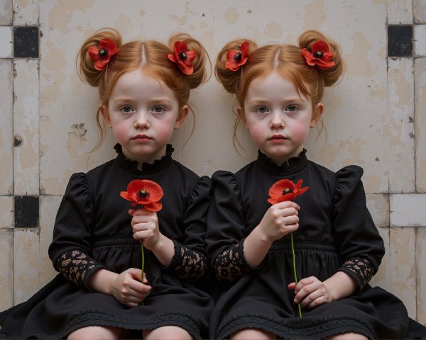 Identical Twin Girls in Black Dresses with Flowers