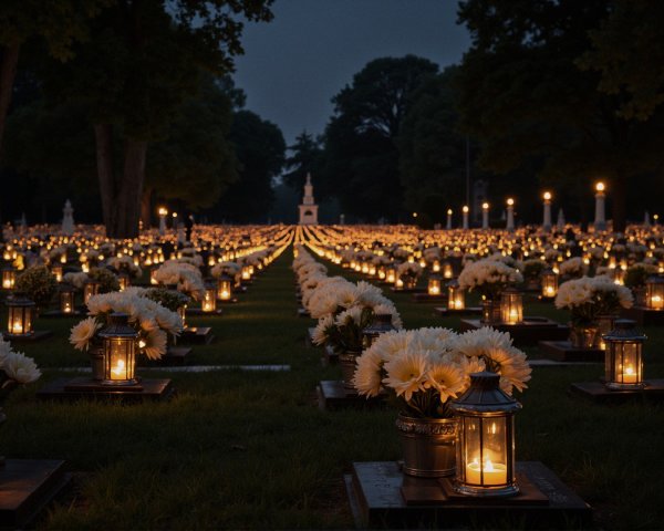 Cemetery at Dusk with Candlelight and Flowers