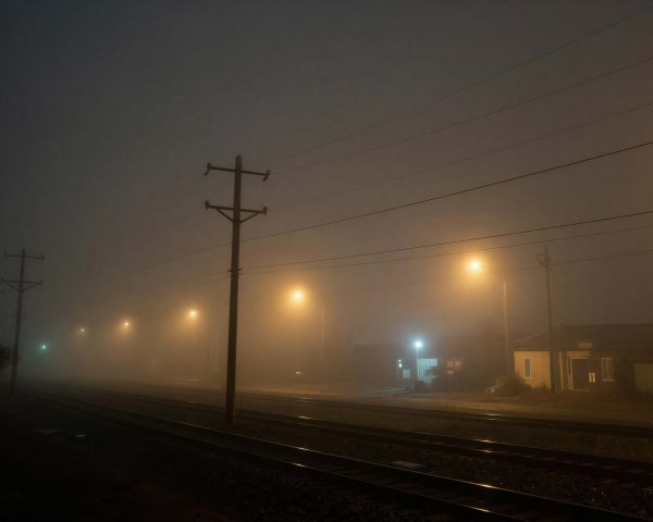 Foggy Nighttime Street Scene with Railroad Tracks