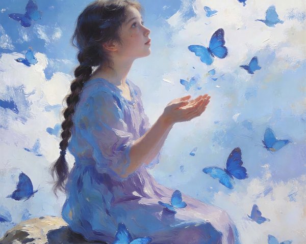 Painting of a girl releasing blue butterflies in sky