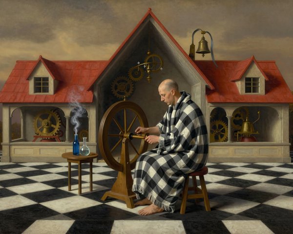 Surreal Painting of Man Spinning on Checkerboard Floor